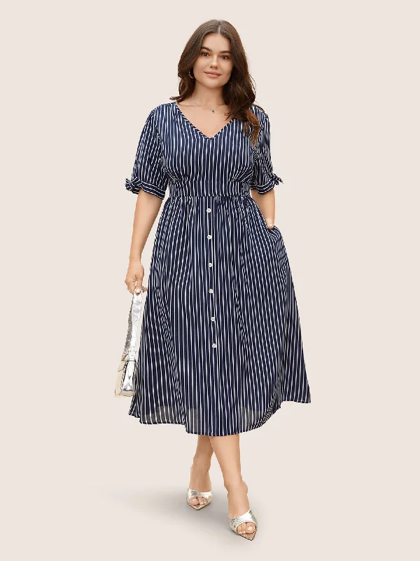 Women's Square Collar DressesStriped Knot Sleeve Button Detail Dress