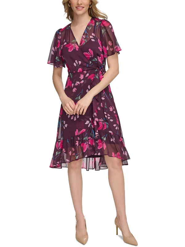 Women's Low Collar DressesWomens Floral Print Hi-Low Wrap Dress