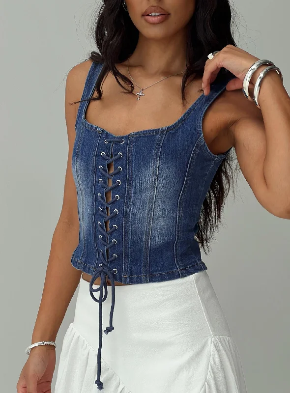 Women's Blouse with Mandarin CollarPackston Lace Up Denim Top Mid Wash