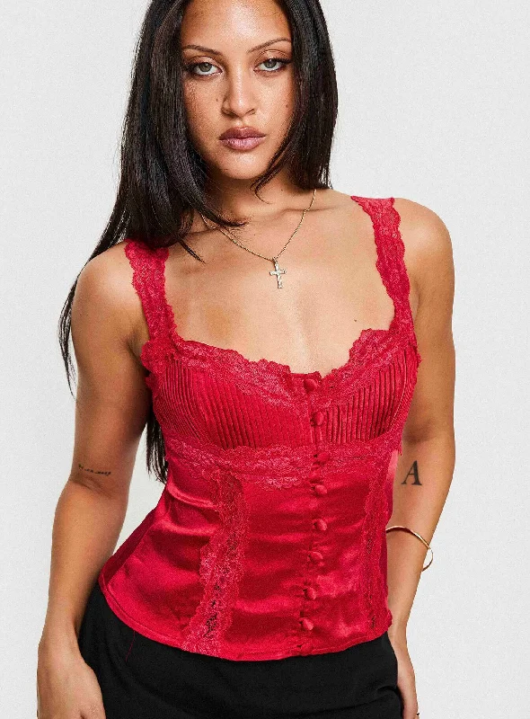 Women's Blouse with U-Shaped CollarStilling Lace Top Red