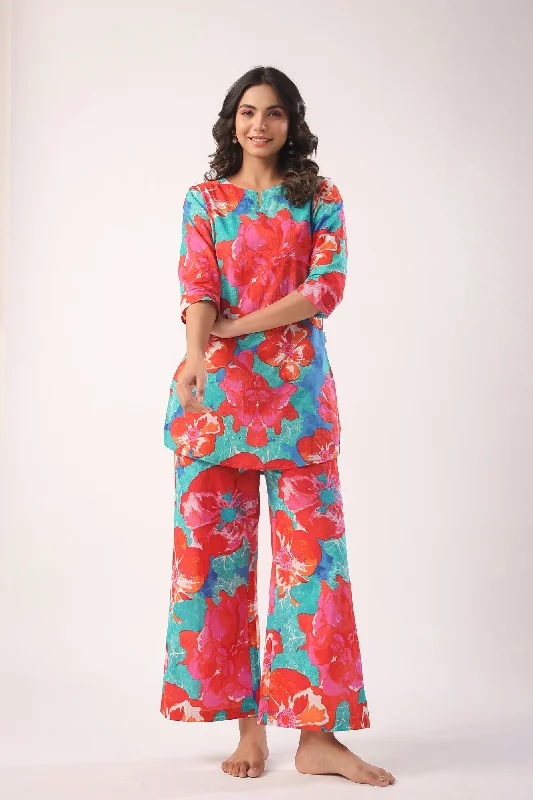 women's pajamas for a good night's sleepArtistic Bloom Cotton Palazzo Loungewear Set