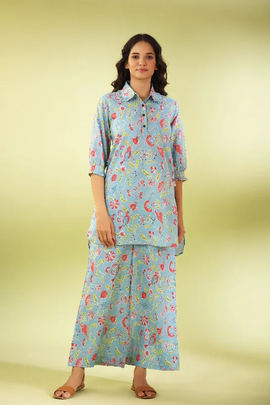 women's pajamas with built-in shortsBirdsong Soirée on Light blue Cotton Loungewear Set