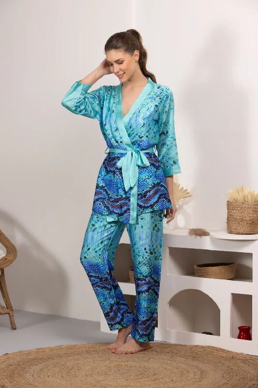 women's pajamas with a whimsical charmDigital print Satin Night suit with Robe