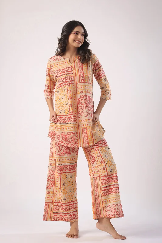 women's pajamas with drawstring waistDoodle Patches on Beige Palazzo Loungewear Set