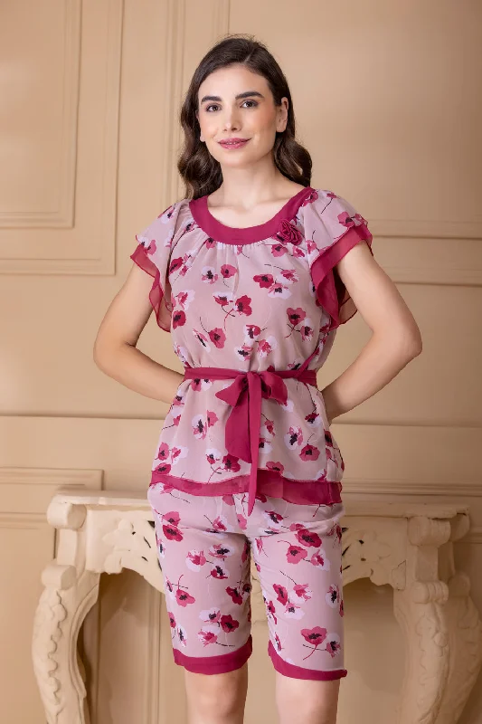 women's pajamas with adjustable waistbandsDouble chiffon Night suit