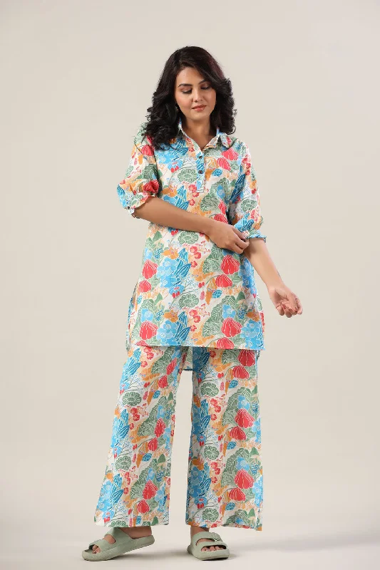 women's pajamas with pockets on legsFloral Jaal on Collared Palazzo Loungewear Set