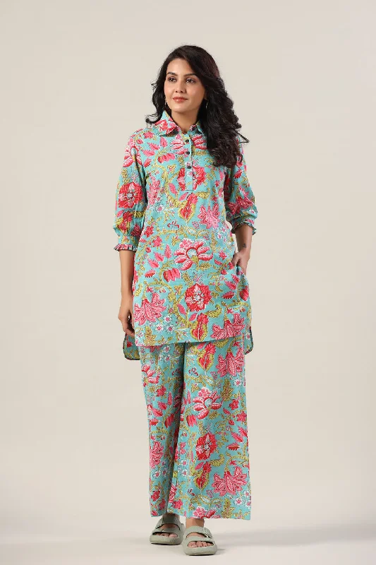 women's pajamas designed for sleepJaal on Blue Collared Palazzo Loungewear Set