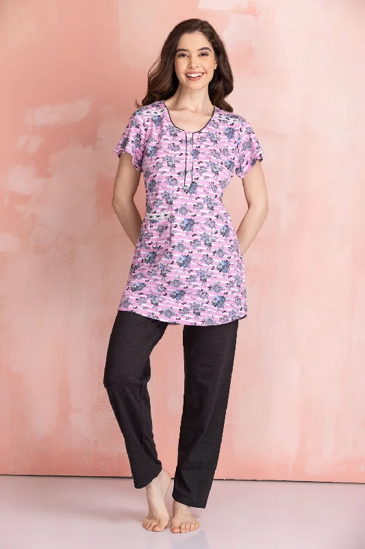 women's pajamas for gift-givingKnit cotton Floral Night suit