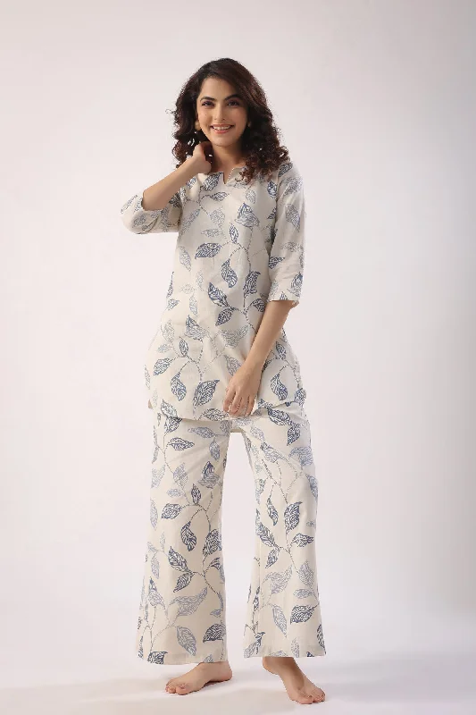 women's pajamas with adjustable strapsLeaves On Cotton Flex Palazzo Loungewear Set