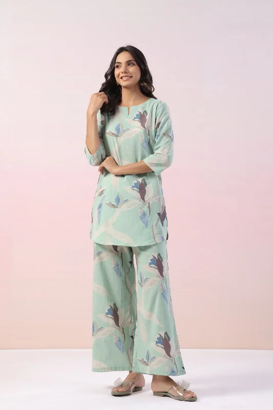 floral print women's pajamasMint Floral Cotton Palazzo Loungewear Set