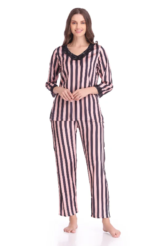 women's pajamas with pockets on the chestNight suit in Stripe Satin