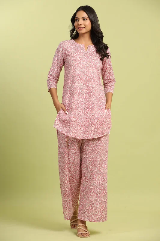 elegant women's satin pajamasPink Jharokha’s on White Cotton Palazzo Loungewear Set