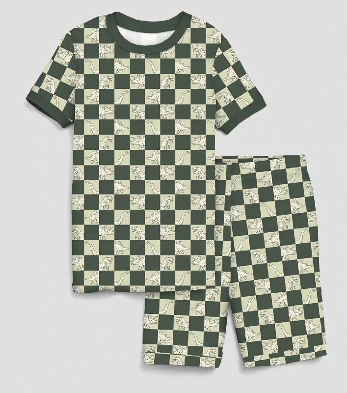 women's pajamas designed for those who believe in sweet dreams and cozy nights.[Pre Sale] Lazy Days Checkered Dinos - Bamboo Short Sleeve Short Lounge Set (EST SHIP EARLY JAN)