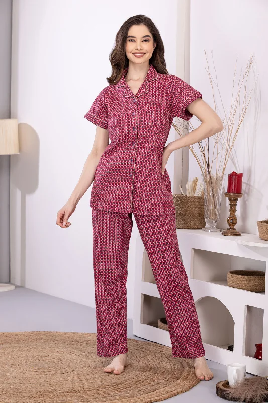 women's pajamas with breathable fabricPrinted Cotton Classic collar Night suit