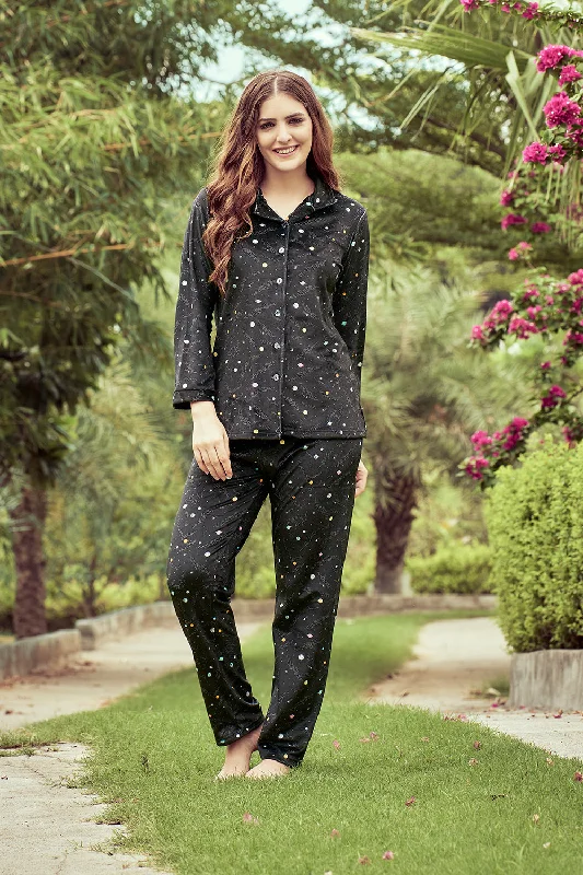 women's pajamas with a comfortable fitPrinted Velvet Classic Collar Night suit