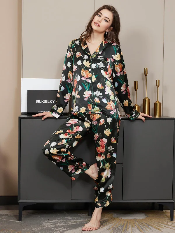 women's pajamas with breathable fabricPure Silk Floral Pattern Womens Pajama Set