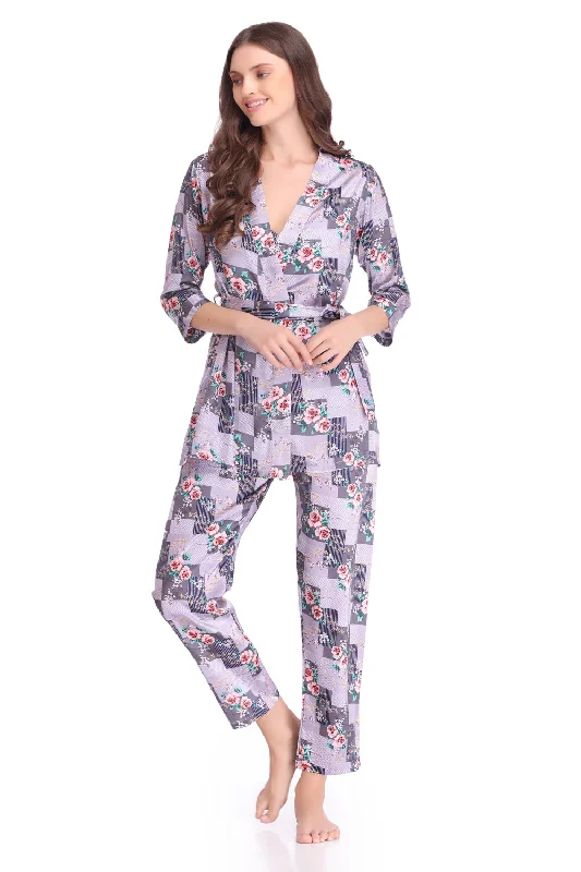 women's pajamas with cozy footiesSatin Night suit with Robe