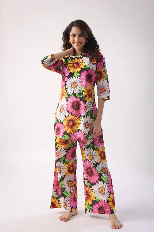 women's pajama sets with matching robesSun Flower Print On Black Palazzo Loungewear Set